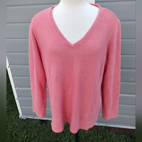 Eileen Fisher Womens Size L Coral 100% Hemp Knit V Neck Sweater - Picture 1 of 7